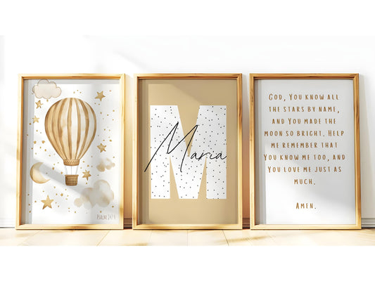 Set of 3 hot air balloon nursery prints,stars nursery,moon nursery, Psalm print,Baby boy Baby Girl, starry night nursery decor,Nursery