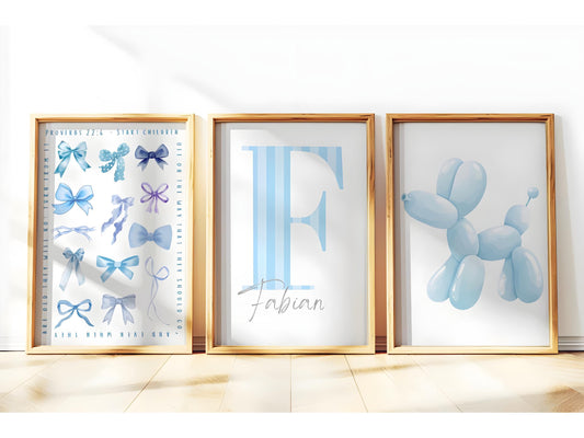 Set of 3 Personalised Proverbs 22:6 Wall Art Set | Custom Kids Nursery Décor | Blue Christian Baby Boy Room Prints | Bible Verse Art
