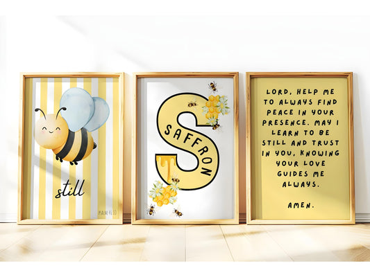 Personalised Christian Nursery Wall Art Set of 3 Prints Bible Verse Be Still Print Custom Name Artwork Baby Girl Boy Room Trust the Lord