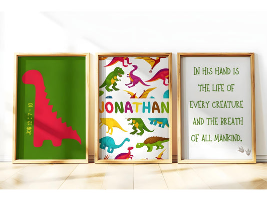 Set of 3 Personalised Job 12:7-10 Wall Art Set | Christian Nursery Décor | Custom Kids Room Art | Bible Verse Dinosaur Prints | Faith Décor