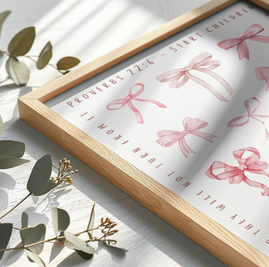 Christian Nursery pink bows Wall Art Kids Room Décor Pink Nursery Proverbs 22:6 Inspirational Faith Print Christian Kids Bedroom Art prints