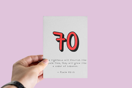 70th Birthday Card Christian Scripture, Psalm 92:12, Religious Milestone Card, Seventieth Birthday, Faith Greeting Card, Kraft Envelope