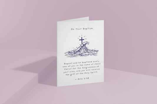 Baptism Card with Bible Verse Acts 2:38 Christian Baptism Gift Religious Keepsake Card Cross and Waves Design new beginnings newly baptised