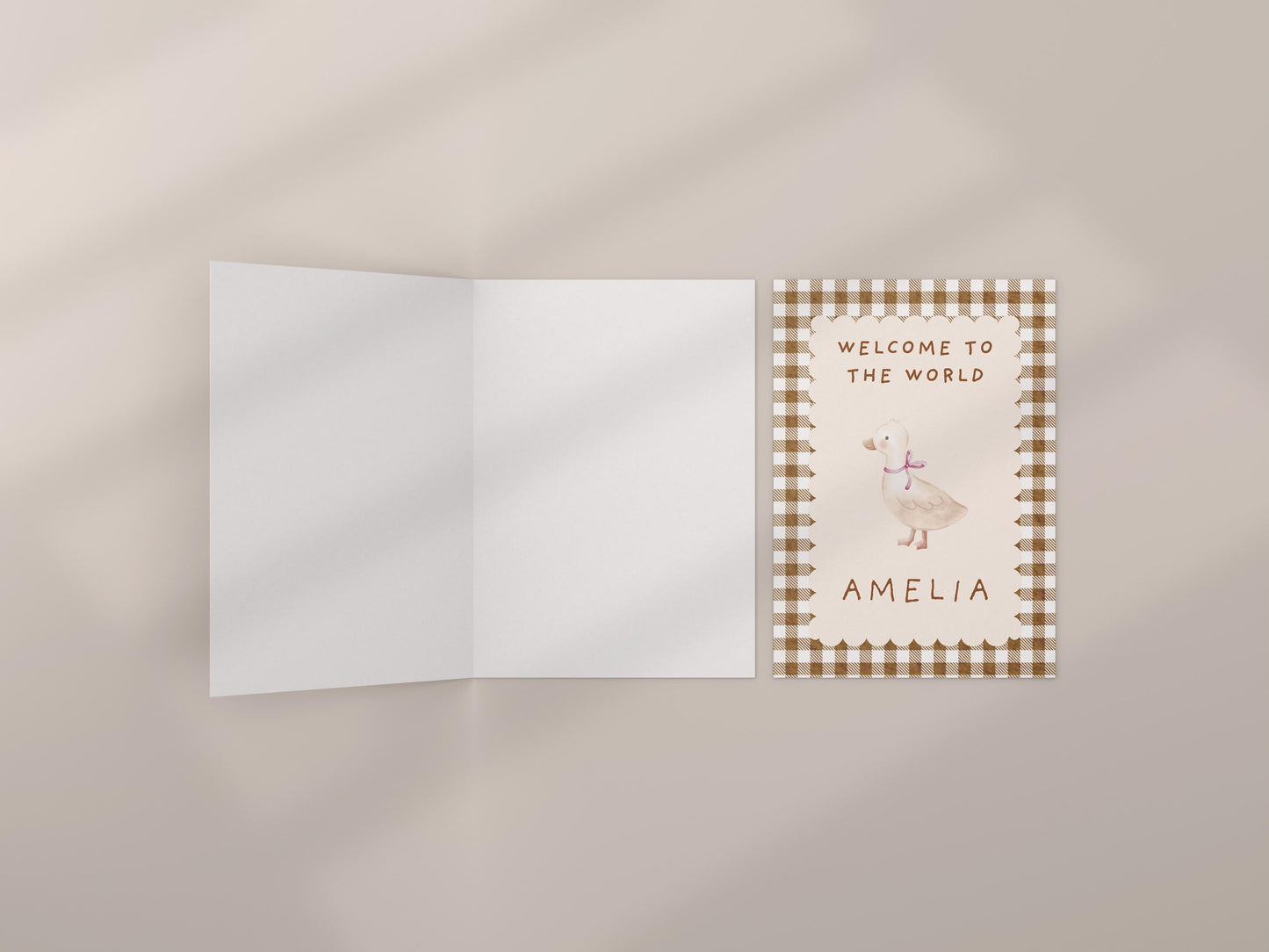 Personalized Welcome to the World Baby Card: Vintage Gingham Duck Design