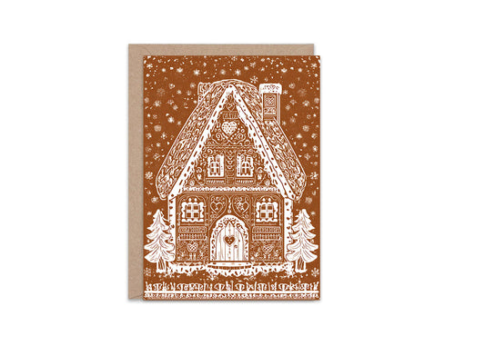 Unique whimsical Gingerbread House Christmas Card Holiday Greeting Card kids Festive Cookie House Illustration Blank Inside Premium Paper A6
