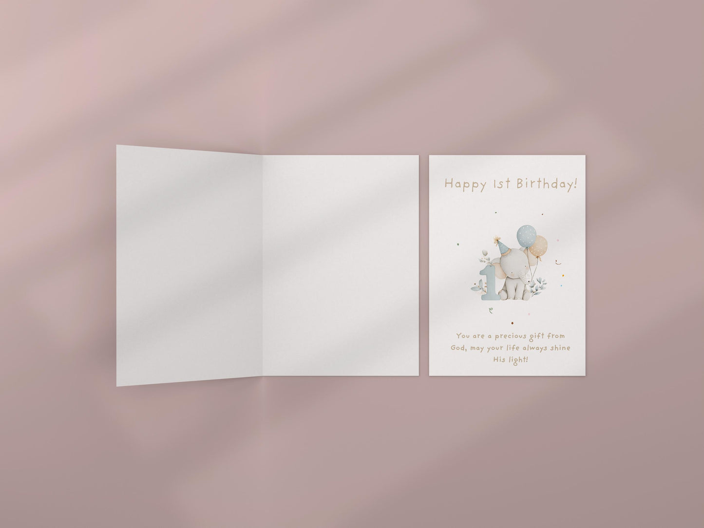 1st Birthday Card | Cute Elephant Design | A6 300gsm | Blank Inside | Kraft Envelope | Baby’s First Birthday Greeting Card, Keepsake
