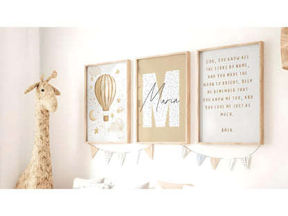 Set of 3 hot air balloon nursery prints,stars nursery,moon nursery, Psalm print,Baby boy Baby Girl, starry night nursery decor,Nursery