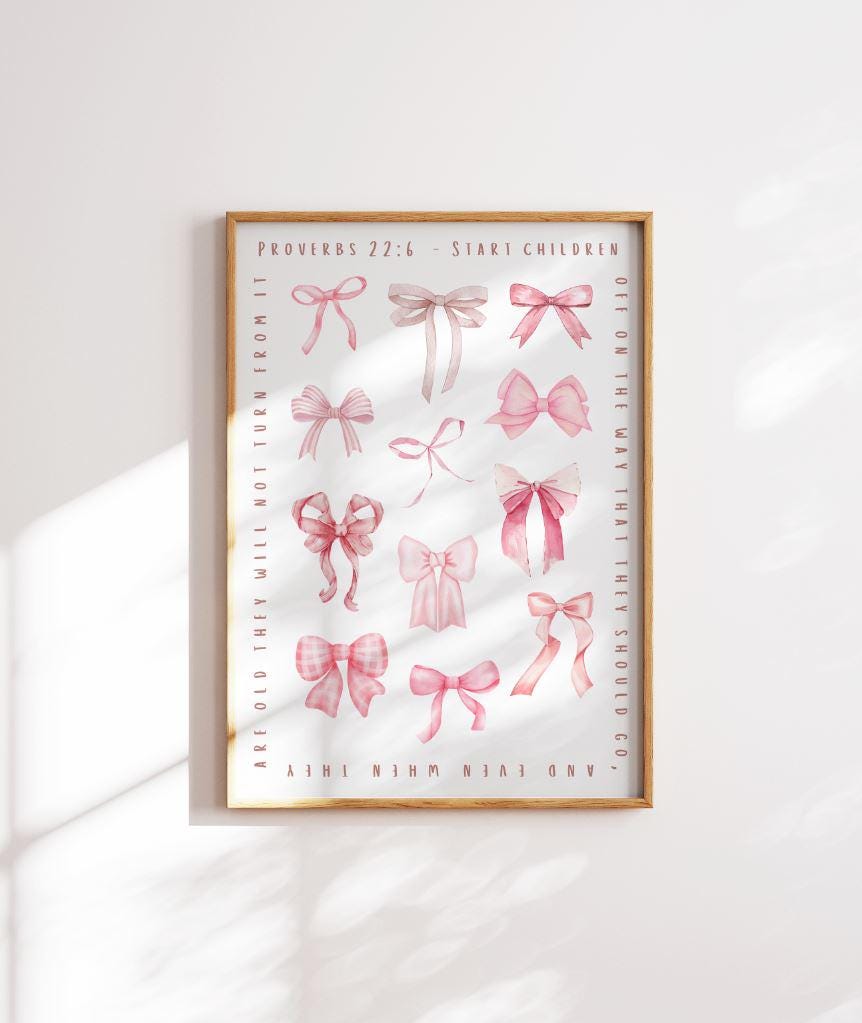 Christian Nursery pink bows Wall Art Kids Room Décor Pink Nursery Proverbs 22:6 Inspirational Faith Print Christian Kids Bedroom Art prints