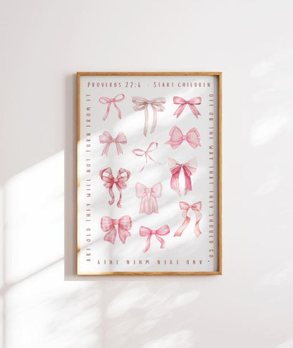 Christian Nursery pink bows Wall Art Kids Room Décor Pink Nursery Proverbs 22:6 Inspirational Faith Print Christian Kids Bedroom Art prints