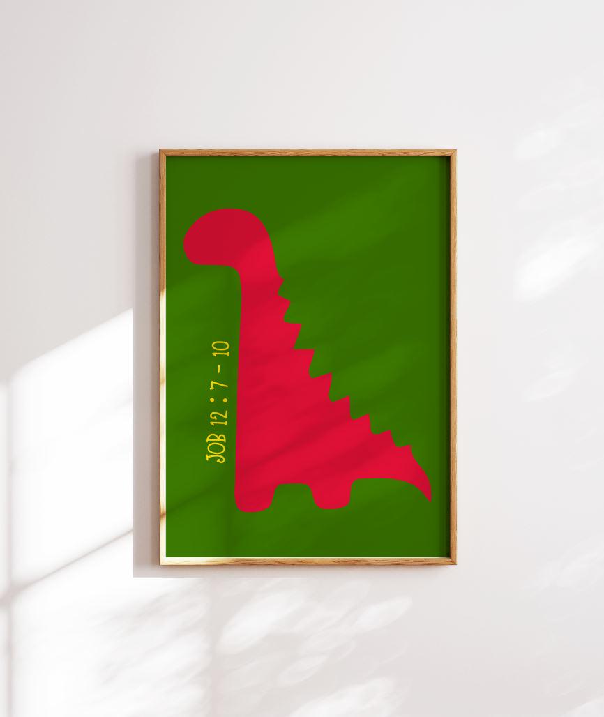 Job 12:7-10 Christian Nursery Wall Art | Dinosaur Kids Room Décor | Bible Verse Animal Art | Inspirational Faith-Based Baby Room Print