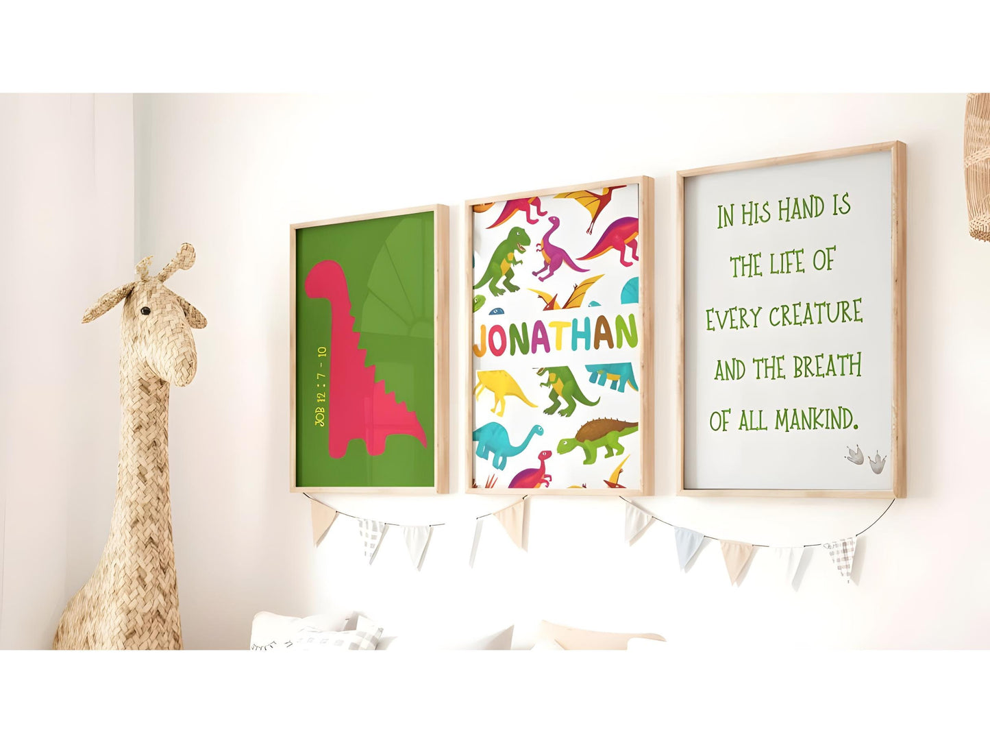 Set of 3 Personalised Job 12:7-10 Wall Art Set | Christian Nursery Décor | Custom Kids Room Art | Bible Verse Dinosaur Prints | Faith Décor