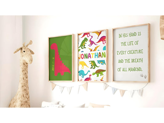 Set of 3 Personalised Job 12:7-10 Wall Art Set | Christian Nursery Décor | Custom Kids Room Art | Bible Verse Dinosaur Prints | Faith Décor
