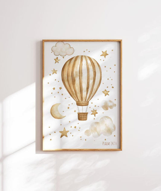 Minimalist Psalm 147:4 Wall Art | Christian Hot Air Balloon & Stars Décor | Inspirational Faith Print | Modern Bible Verse Art