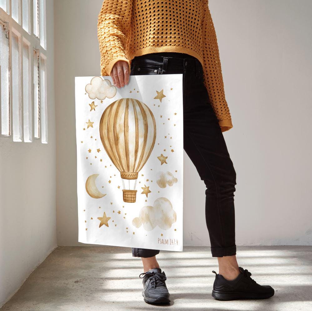 Minimalist Psalm 147:4 Wall Art | Christian Hot Air Balloon & Stars Décor | Inspirational Faith Print | Modern Bible Verse Art