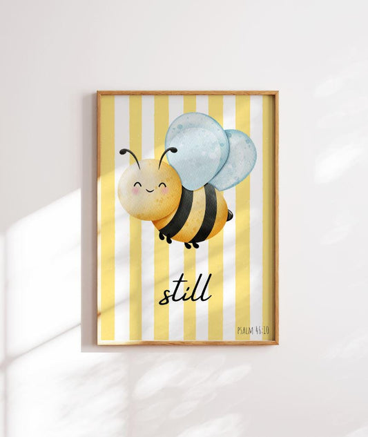 Bee Still Wall Art | Christian Nursery Décor | Psalm 46:10 Print with Cute Bee Illustration | Inspirational Bible Verse Décor