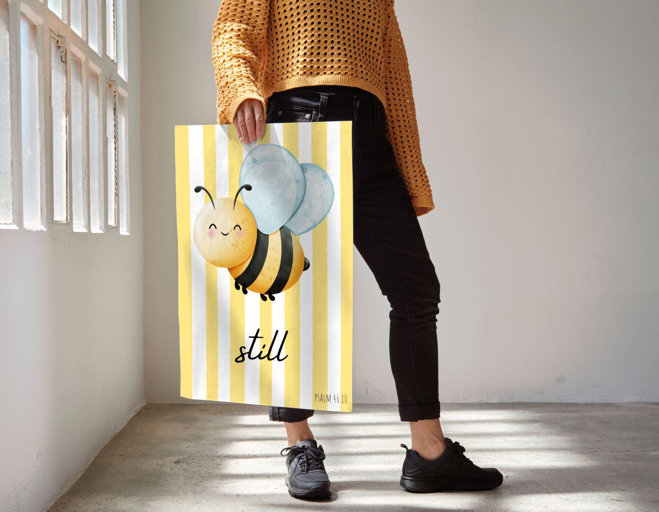 Bee Still Wall Art | Christian Nursery Décor | Psalm 46:10 Print with Cute Bee Illustration | Inspirational Bible Verse Décor