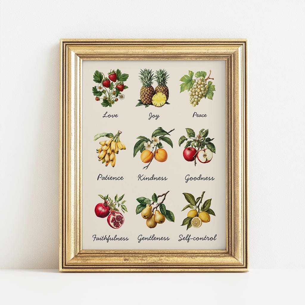 Fruits of the Spirit Wall Art – Galatians 5:22 Christian Bible Verse Print, Colourful Faith-Based Home Decor, Inspirational Scripture Poster