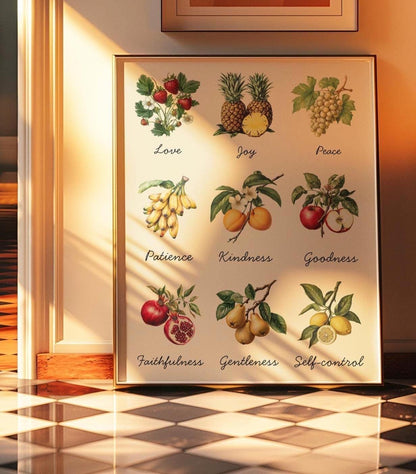 Fruits of the Spirit Wall Art – Galatians 5:22 Christian Bible Verse Print, Colourful Faith-Based Home Decor, Inspirational Scripture Poster