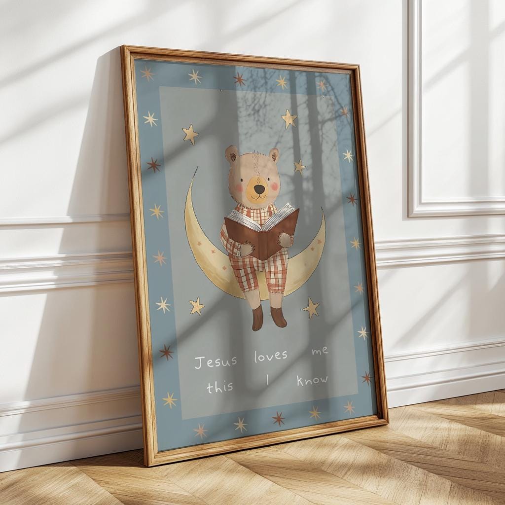 Jesus Loves Me Bear Nursery Print: Christian Wall Art, Boho Decor