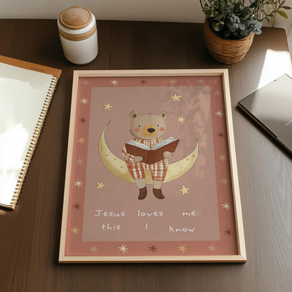 Jesus Loves Me Bear Nursery Print: Christian Wall Art, Boho Decor