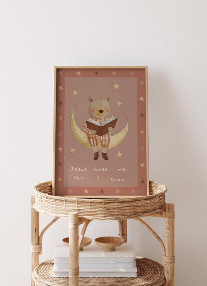 Jesus Loves Me Bear Nursery Print: Christian Wall Art, Boho Decor