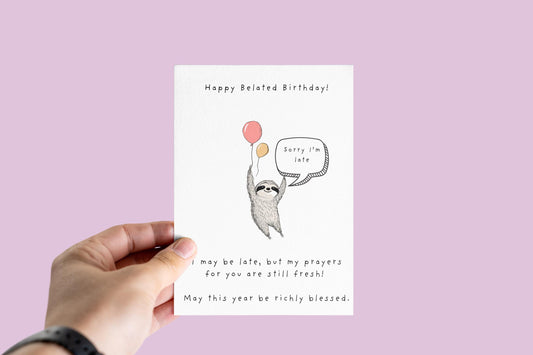 Belated Birthday Sloth Card: Christian Prayer Wishes, Kraft Envelope