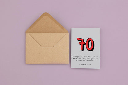 70th Birthday Card Christian Scripture, Psalm 92:12, Religious Milestone Card, Seventieth Birthday, Faith Greeting Card, Kraft Envelope