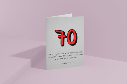 70th Birthday Card Christian Scripture, Psalm 92:12, Religious Milestone Card, Seventieth Birthday, Faith Greeting Card, Kraft Envelope