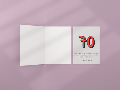 70th Birthday Card Christian Scripture, Psalm 92:12, Religious Milestone Card, Seventieth Birthday, Faith Greeting Card, Kraft Envelope