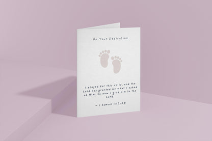 Baby Dedication Card with Bible Verse, 1 Samuel 1:27‑28, Christian New Baby Blessing, Religious Keepsake Card, Footprint Design