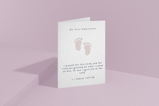 Baby Dedication Card with Bible Verse, 1 Samuel 1:27‑28, Christian New Baby Blessing, Religious Keepsake Card, Footprint Design