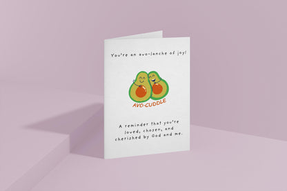Christian Friend & Encouragement Card, Cute Avocado Hug, Faith Greeting Card, Avo‑Cuddle, Religious Friendship Card, Chosen Cherished