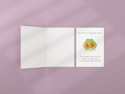 Christian Friend & Encouragement Card, Cute Avocado Hug, Faith Greeting Card, Avo‑Cuddle, Religious Friendship Card, Chosen Cherished