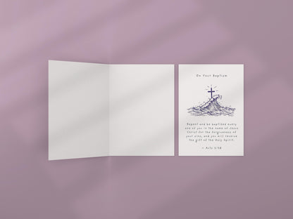Baptism Card with Bible Verse Acts 2:38 Christian Baptism Gift Religious Keepsake Card Cross and Waves Design new beginnings newly baptised