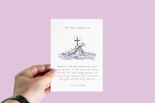 Baptism Card with Bible Verse Acts 2:38 Christian Baptism Gift Religious Keepsake Card Cross and Waves Design new beginnings newly baptised