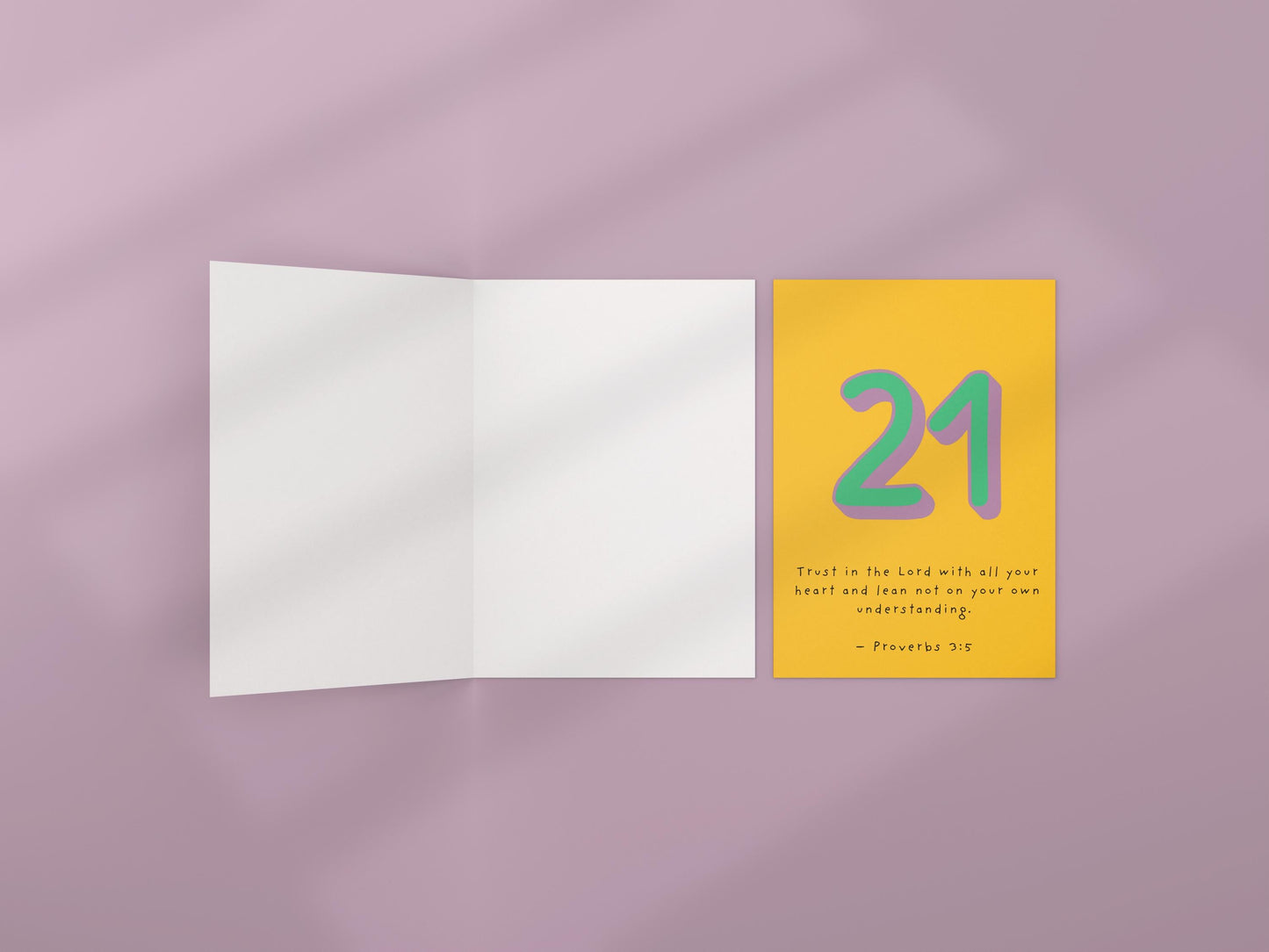 21st Birthday Card Christian Scripture, Proverbs 3:5 Religious Milestone Birthday Card, Faith Greeting, Green & Purple Design 21st milestone