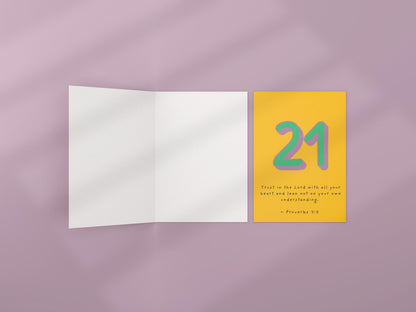 21st Birthday Card Christian Scripture, Proverbs 3:5 Religious Milestone Birthday Card, Faith Greeting, Green & Purple Design 21st milestone