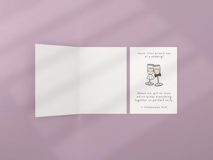 Christian Wedding Card with Bible Verse, Colossians 3:14, Religious Marriage Card, Faith Anniversary Card, Champagne Glasses Design marriage
