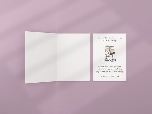 Christian Wedding Card with Bible Verse, Colossians 3:14, Religious Marriage Card, Faith Anniversary Card, Champagne Glasses Design marriage