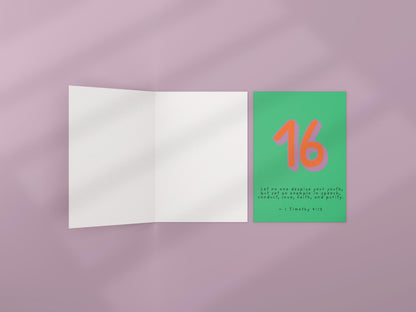 16th Birthday Card 1 Timothy 4:12  Christian Scripture Card Religious Milestone Birthday Faith Greeting for Teen  sweet sixteen with faith