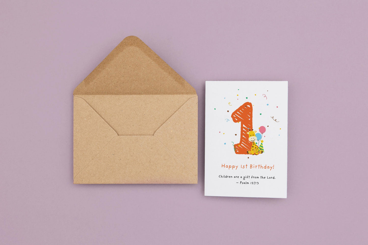 1st Birthday Card, Christian Psalm 127:3 Scripture Card, Religious Baby Birthday, Faith Milestone Greeting cute animal Giraffe Design