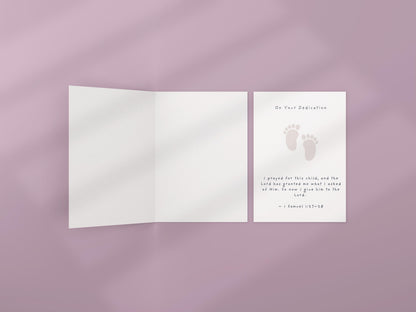 Baby Dedication Card with Bible Verse, 1 Samuel 1:27‑28, Christian New Baby Blessing, Religious Keepsake Card, Footprint Design