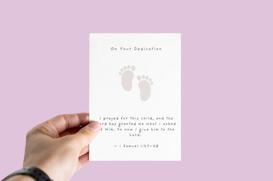 Baby Dedication Card with Bible Verse, 1 Samuel 1:27‑28, Christian New Baby Blessing, Religious Keepsake Card, Footprint Design