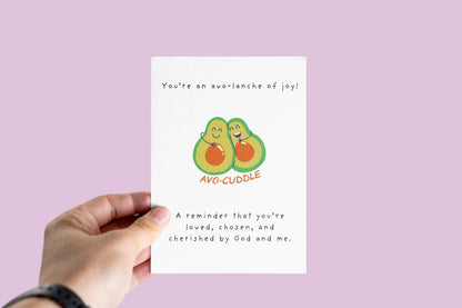 Christian Friend & Encouragement Card, Cute Avocado Hug, Faith Greeting Card, Avo‑Cuddle, Religious Friendship Card, Chosen Cherished