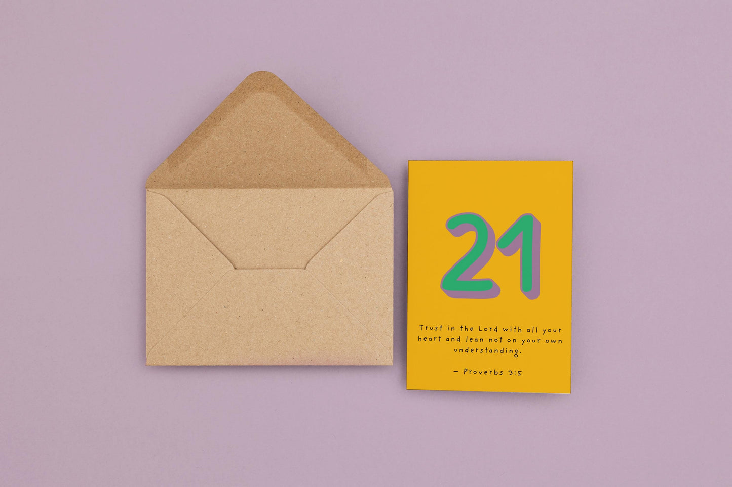 21st Birthday Card Christian Scripture, Proverbs 3:5 Religious Milestone Birthday Card, Faith Greeting, Green & Purple Design 21st milestone