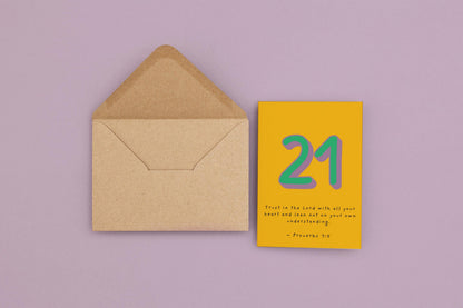 21st Birthday Card Christian Scripture, Proverbs 3:5 Religious Milestone Birthday Card, Faith Greeting, Green & Purple Design 21st milestone