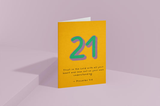 21st Birthday Card Christian Scripture, Proverbs 3:5 Religious Milestone Birthday Card, Faith Greeting, Green & Purple Design 21st milestone