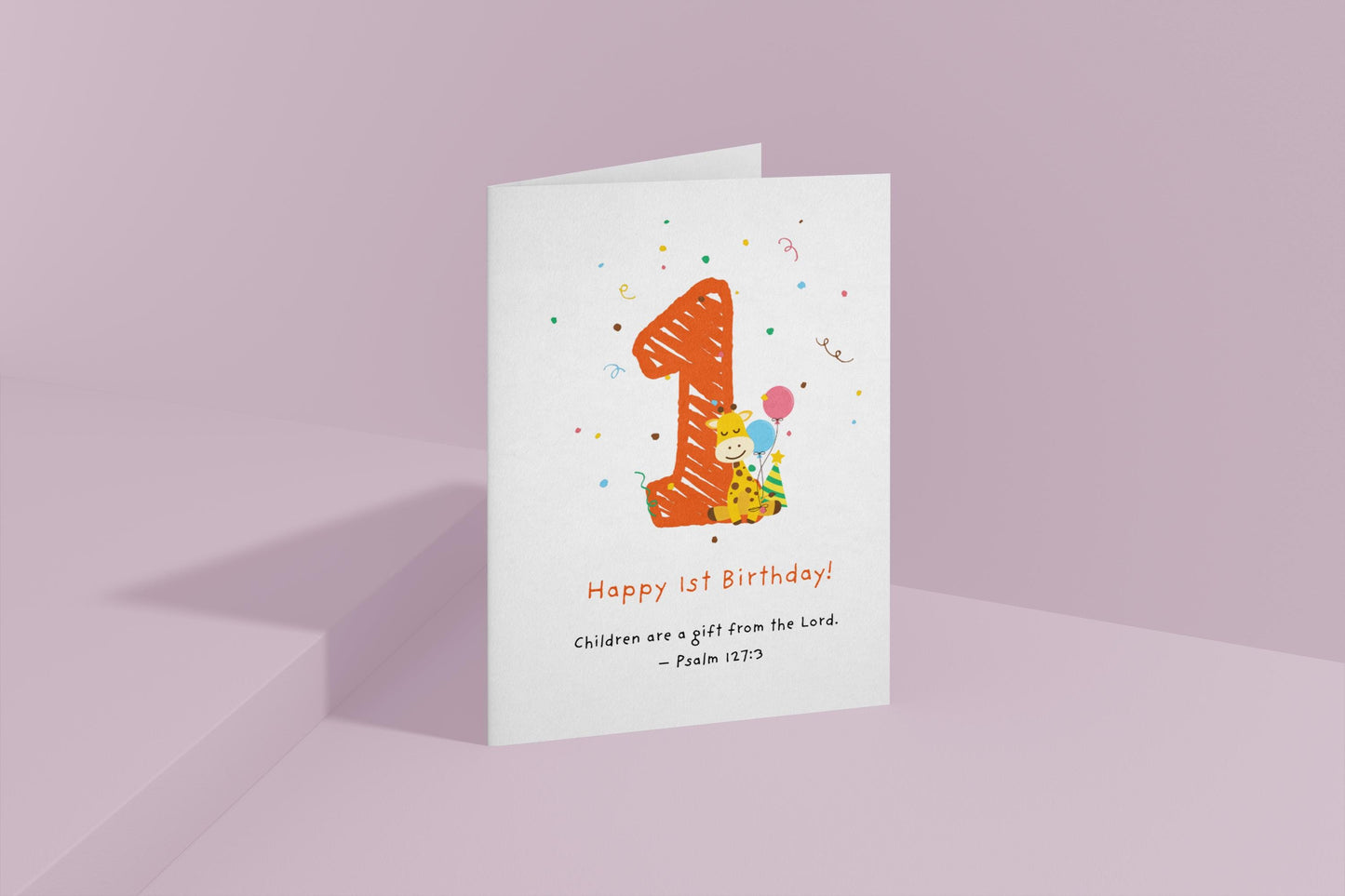 1st Birthday Card, Christian Psalm 127:3 Scripture Card, Religious Baby Birthday, Faith Milestone Greeting cute animal Giraffe Design