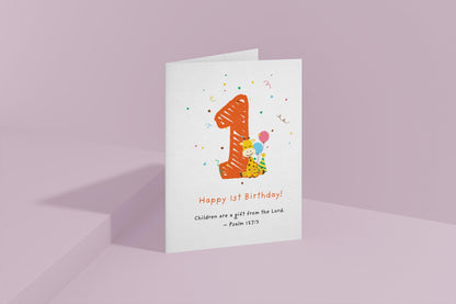 1st Birthday Card, Christian Psalm 127:3 Scripture Card, Religious Baby Birthday, Faith Milestone Greeting cute animal Giraffe Design