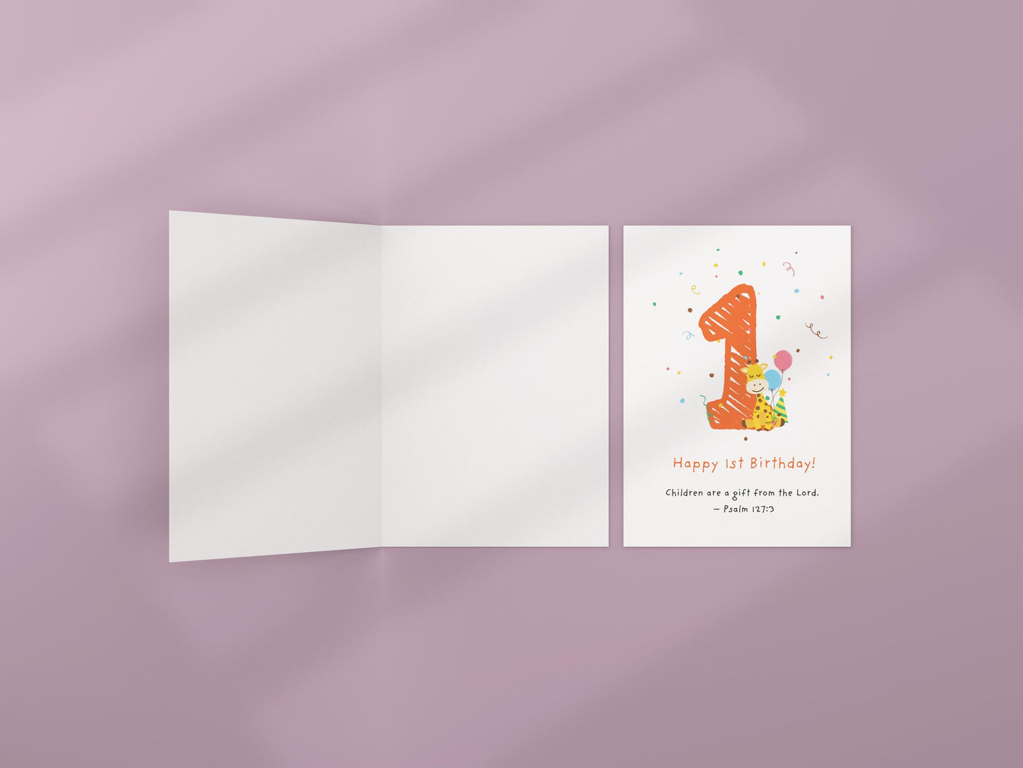 1st Birthday Card, Christian Psalm 127:3 Scripture Card, Religious Baby Birthday, Faith Milestone Greeting cute animal Giraffe Design